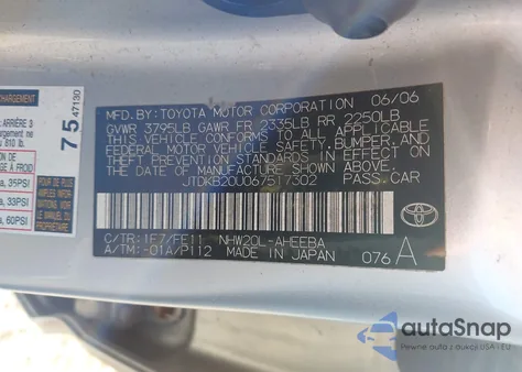 2006 Toyota Prius from USA, damaged, VIN JTDKB20U067517302